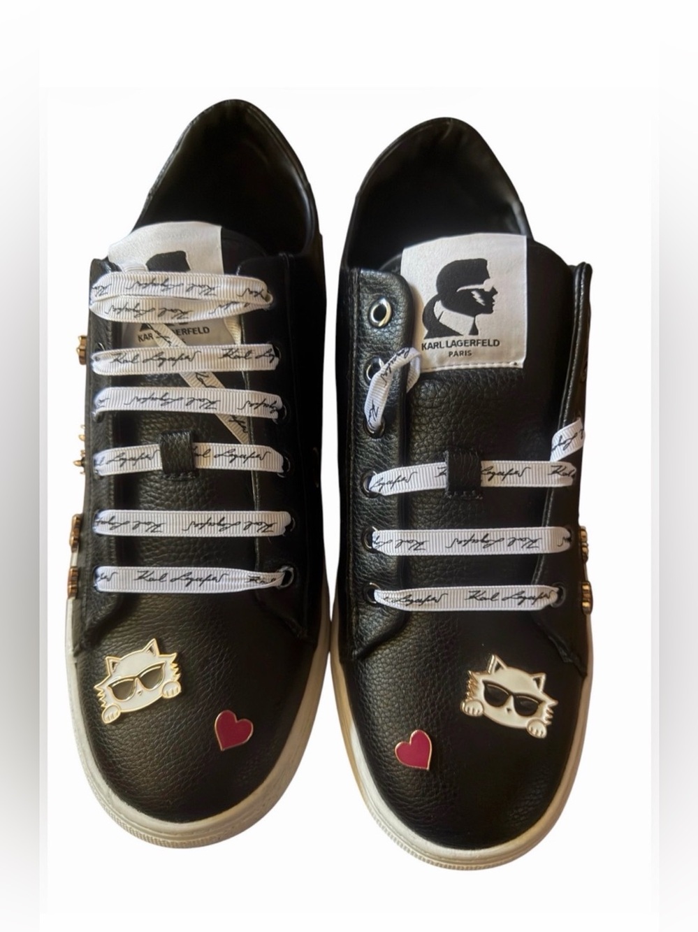 Karl Lagerfeld Black Leather Sneakers with Gold Cat & Red Heart Charms